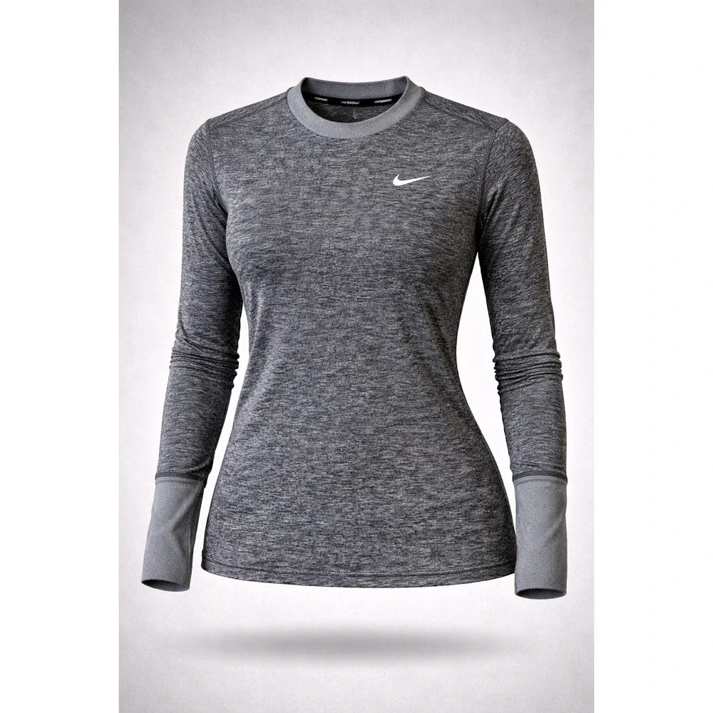 Nike Running Dri-FIT Long Sleeve Shirt Grey Heather Space Dye Thumbhole Womens S